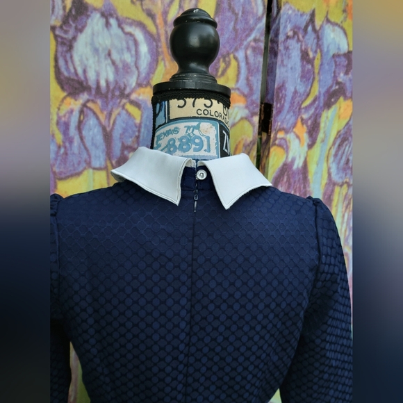 Jianshan Medium Mini-Dress Collared Swan Navy Blue Textured Party Dress - Picture 6 of 9